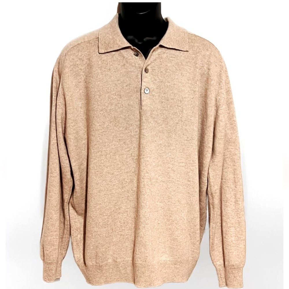 YORN 100% Cashmere Sweater Jumper Mens Camel Beige Sz 54 Collar Long Sleeve